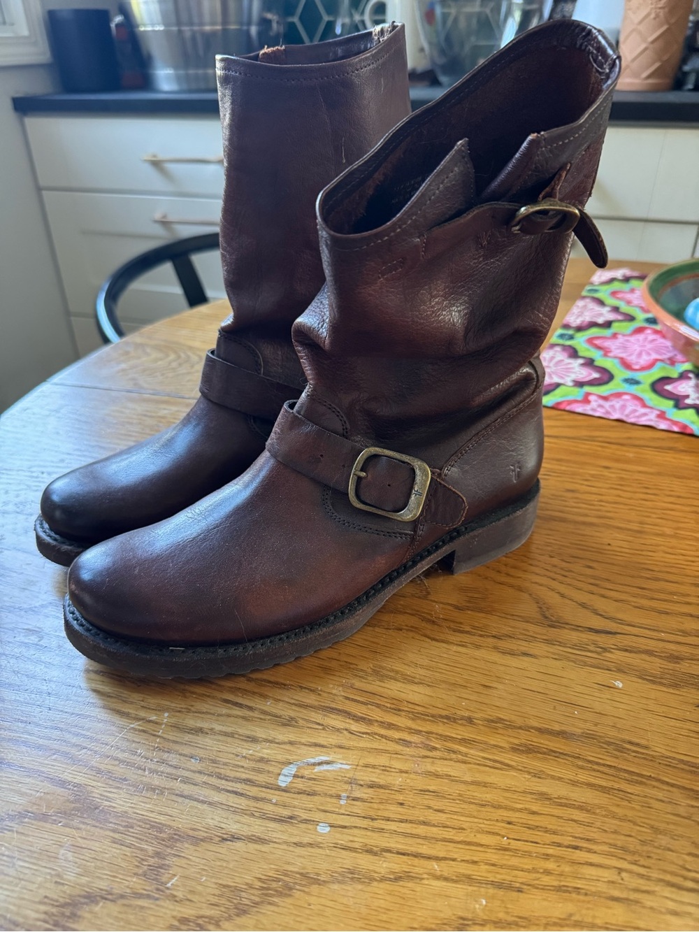Frye Veronica Short, Redwood Leather Mid-Calf Heeled Boots